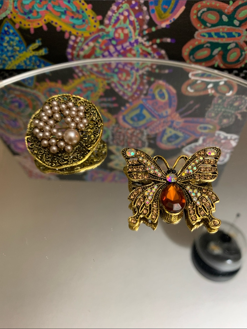 Gold Butterfly with Amber and Crystal Accents & Circle Pink Pearl Brooch SET!